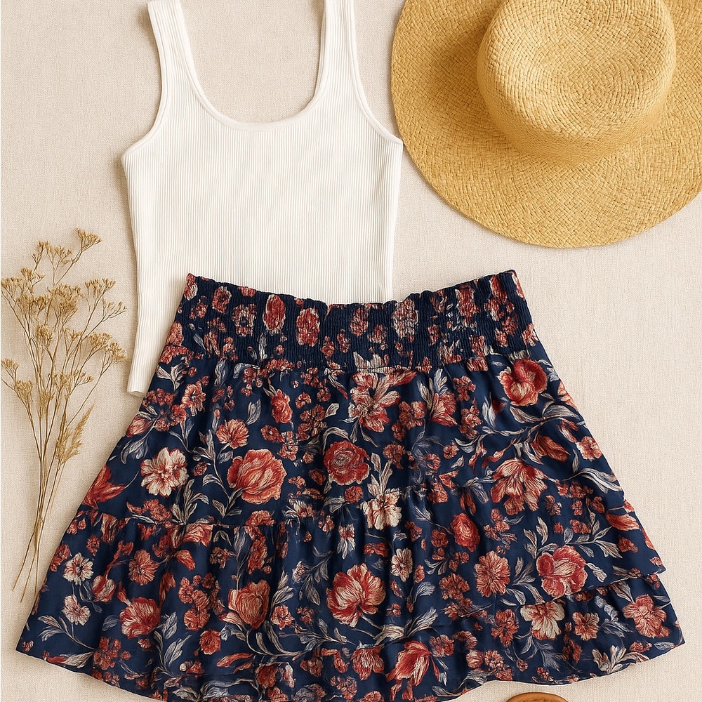 Anthropologie Floral Tiered Mini Skirt Navy Red Ruffle Boho Smocked Waist Size M